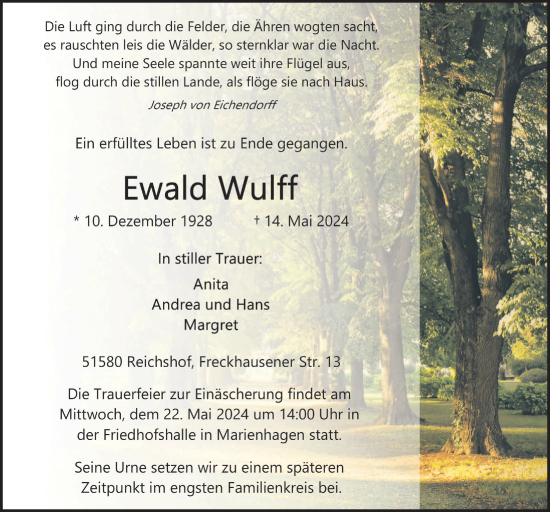 Anzeige von Ewald Wulff von  Anzeigen Echo 