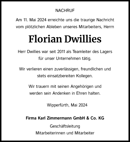 Anzeige von Florian Dwillies von Kölner Stadt-Anzeiger / Kölnische Rundschau / Express