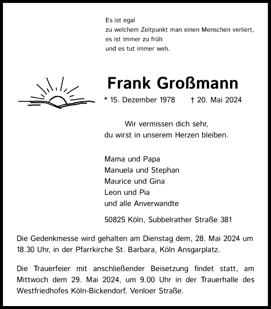 Anzeige von Frank Großmann von Kölner Stadt-Anzeiger / Kölnische Rundschau / Express