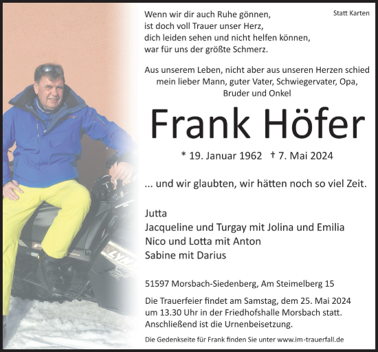 Anzeige von Frank Höfer von  Lokalanzeiger 