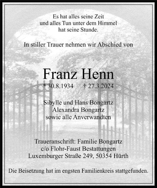 Anzeige von Franz Henn von  Wochenende 