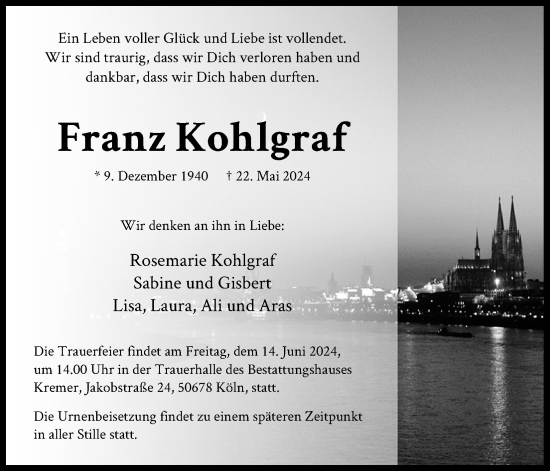 Anzeige von Franz Kohlgraf von Kölner Stadt-Anzeiger / Kölnische Rundschau / Express