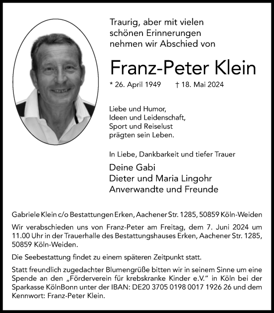 Anzeige von Franz-Peter Klein von Kölner Stadt-Anzeiger / Kölnische Rundschau / Express