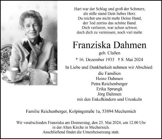 Anzeige von Franziska Dahmen von  Blickpunkt Euskirchen 