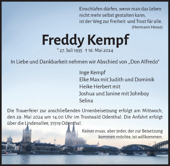 Anzeige von Freddy Kempf von  Bergisches Handelsblatt 