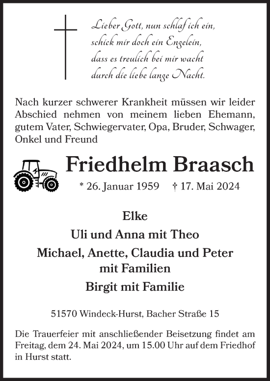 Anzeige von Friedhelm Braasch von  Lokalanzeiger 