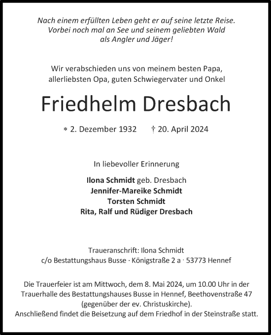 Anzeige von Friedhelm Dresbach von Kölner Stadt-Anzeiger / Kölnische Rundschau / Express