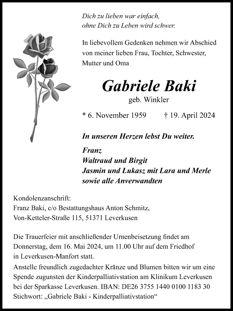  Traueranzeige für Gabriele Baki vom 04.05.2024 aus Kölner Stadt-Anzeiger / Kölnische Rundschau / Express