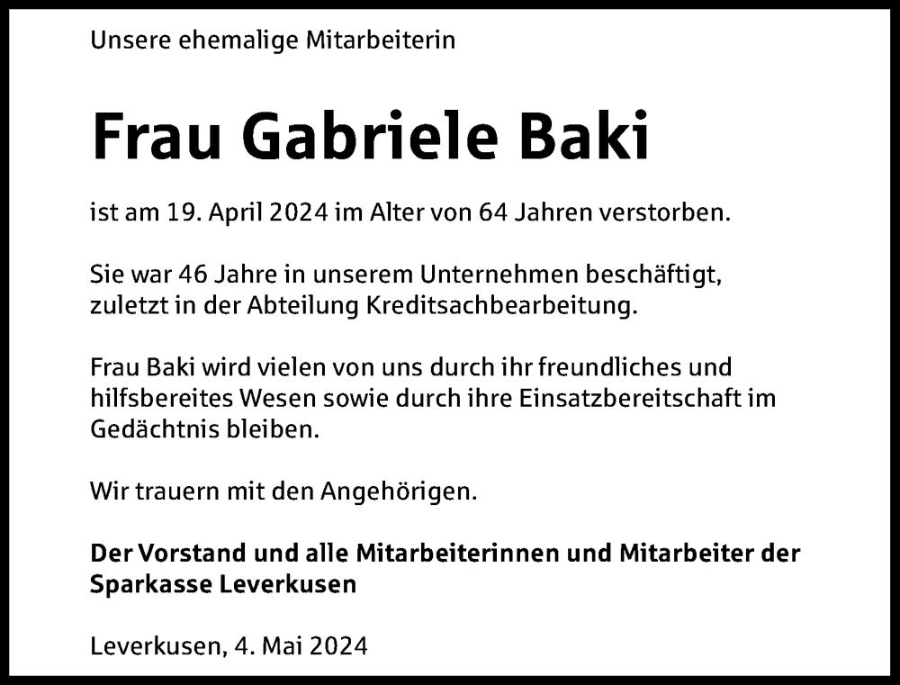  Traueranzeige für Gabriele Baki vom 04.05.2024 aus Kölner Stadt-Anzeiger / Kölnische Rundschau / Express