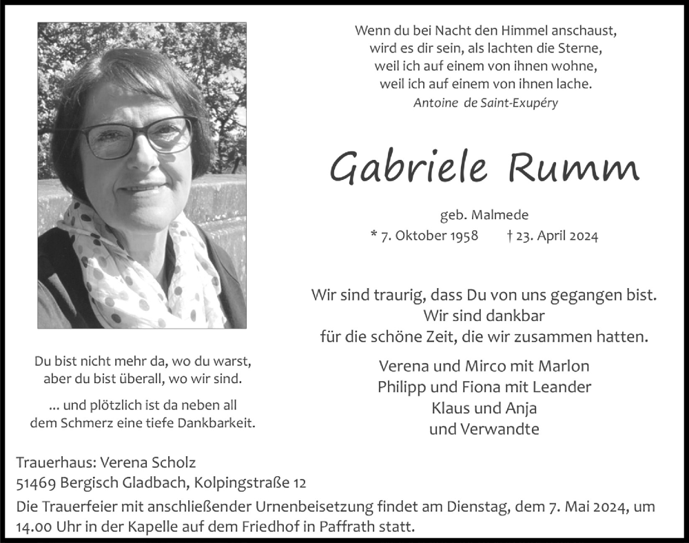  Traueranzeige für Gabriele Rumm vom 03.05.2024 aus  Bergisches Handelsblatt 