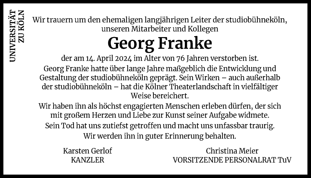  Traueranzeige für Georg Franke vom 04.05.2024 aus Kölner Stadt-Anzeiger / Kölnische Rundschau / Express
