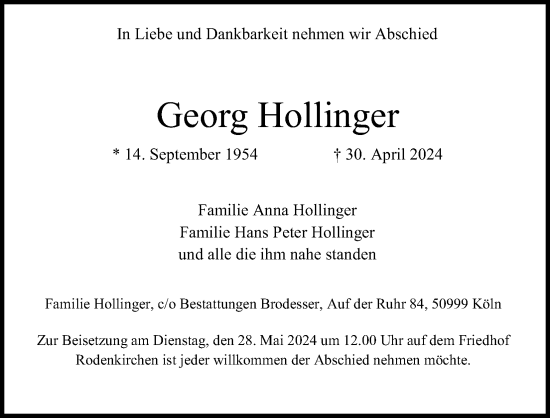Anzeige von Georg Hollinger von Kölner Stadt-Anzeiger / Kölnische Rundschau / Express