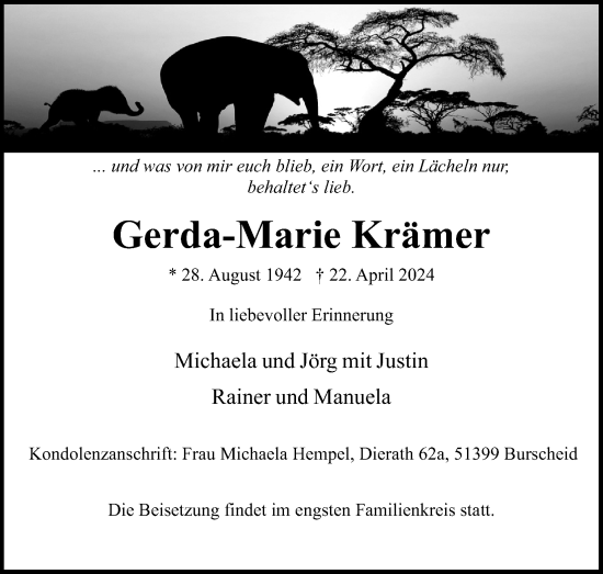Anzeige von Gerda-Marie Krämer von Kölner Stadt-Anzeiger / Kölnische Rundschau / Express