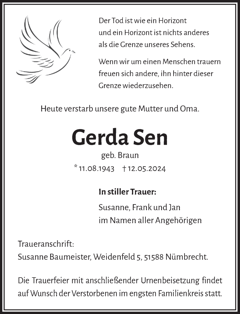  Traueranzeige für Gerda Sen vom 17.05.2024 aus  Lokalanzeiger 