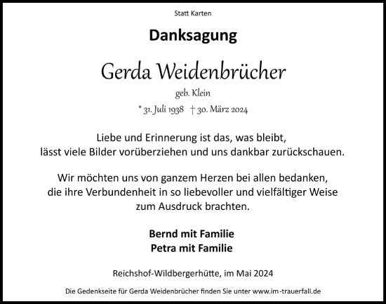 Anzeige von Gerda Weidenbrücher von  Anzeigen Echo  Lokalanzeiger 