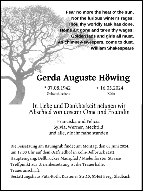 Anzeige von Gerda Auguste Höwing von Kölner Stadt-Anzeiger / Kölnische Rundschau / Express
