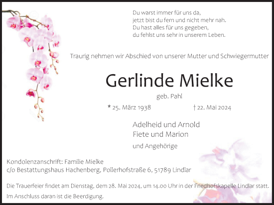 Anzeige von Gerlinde Mielke von Kölner Stadt-Anzeiger / Kölnische Rundschau / Express
