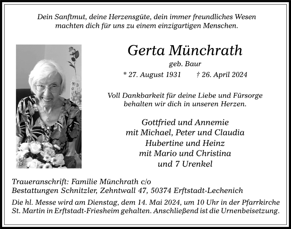  Traueranzeige für Gerta Münchrath vom 03.05.2024 aus  Werbepost 