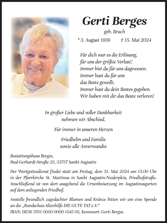 Anzeige von Gerti Berges von Kölner Stadt-Anzeiger / Kölnische Rundschau / Express