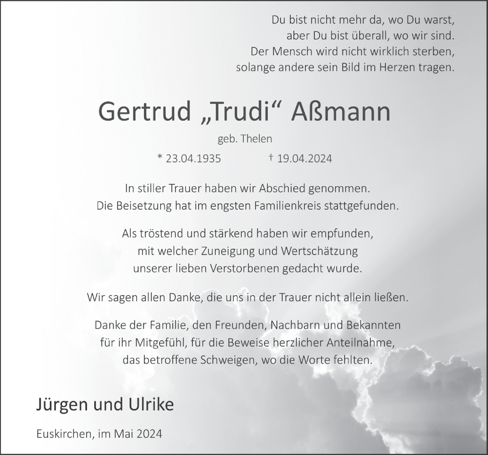  Traueranzeige für Gertrud Aßmann vom 11.05.2024 aus  Blickpunkt Euskirchen 