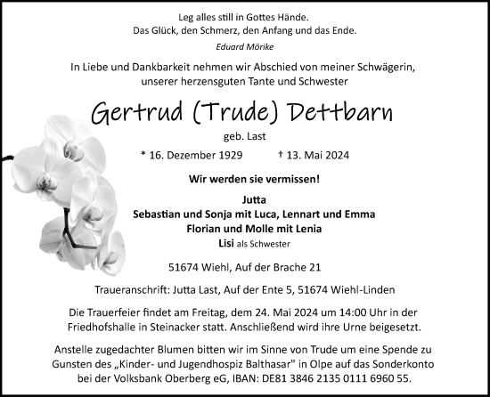 Anzeige von Gertrud Dettbarn von Kölner Stadt-Anzeiger / Kölnische Rundschau / Express
