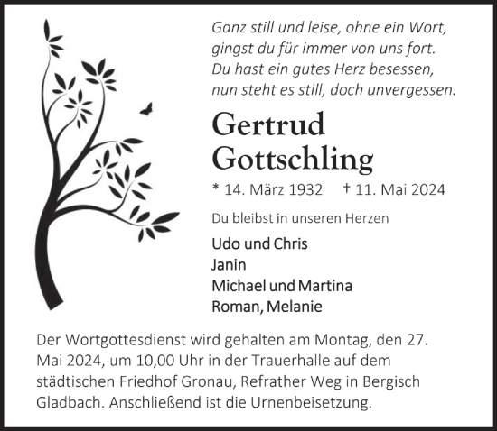 Anzeige von Gertrud Gottschling von  Bergisches Handelsblatt 