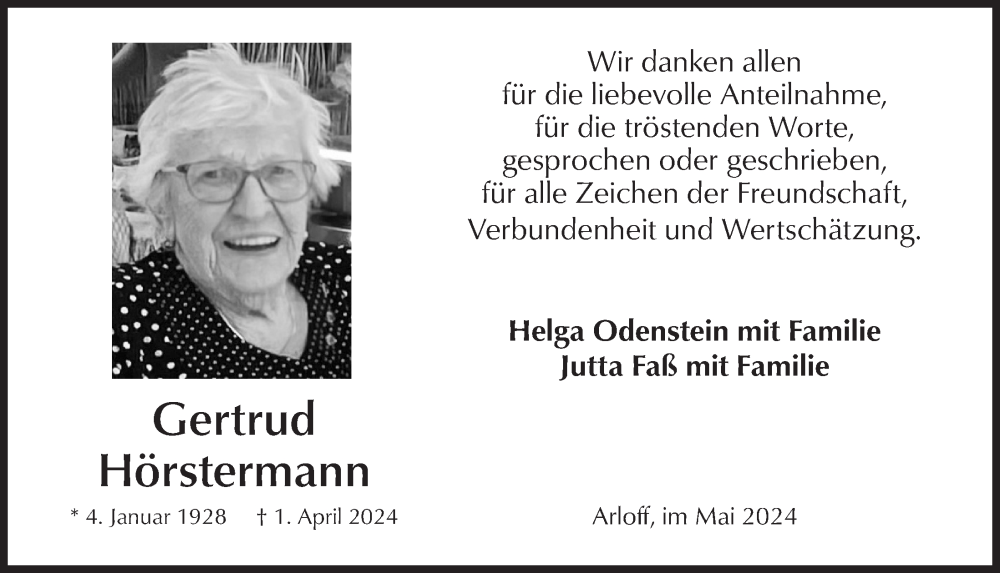  Traueranzeige für Gertrud Hörstermann vom 18.05.2024 aus  Blickpunkt Euskirchen 