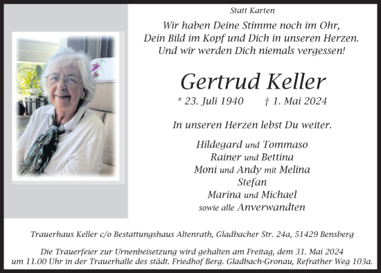 Anzeige von Gertrud Keller von  Bergisches Handelsblatt 