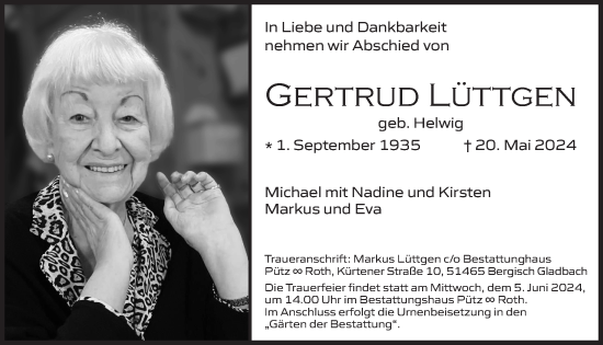 Anzeige von Gertrud Lüttgen von  Bergisches Handelsblatt 
