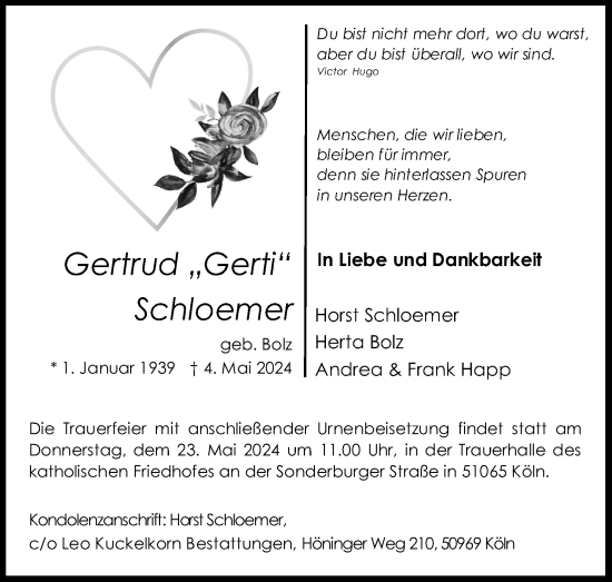 Anzeige von Gertrud Schloemer von Kölner Stadt-Anzeiger / Kölnische Rundschau / Express