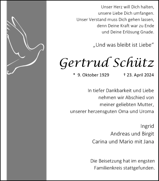Anzeige von Gertrud Schütz von Kölner Stadt-Anzeiger / Kölnische Rundschau / Express