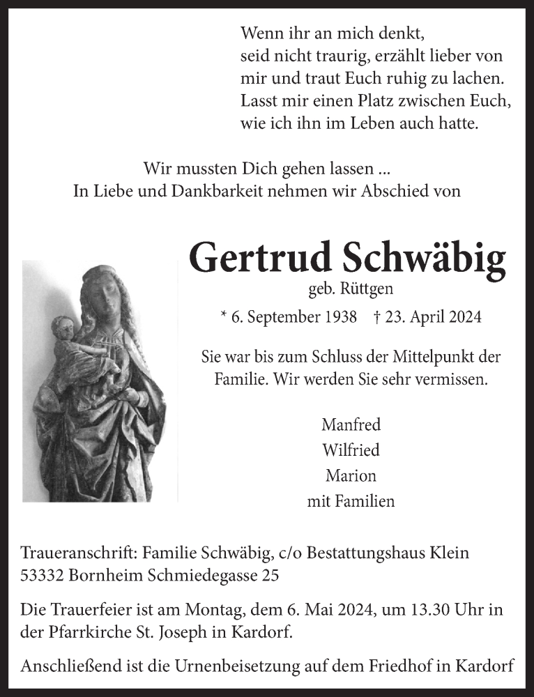  Traueranzeige für Gertrud Schwäbig vom 03.05.2024 aus  Schaufenster/Blickpunkt 