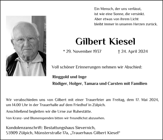 Anzeige von Gilbert Kiesel von  Blickpunkt Euskirchen 