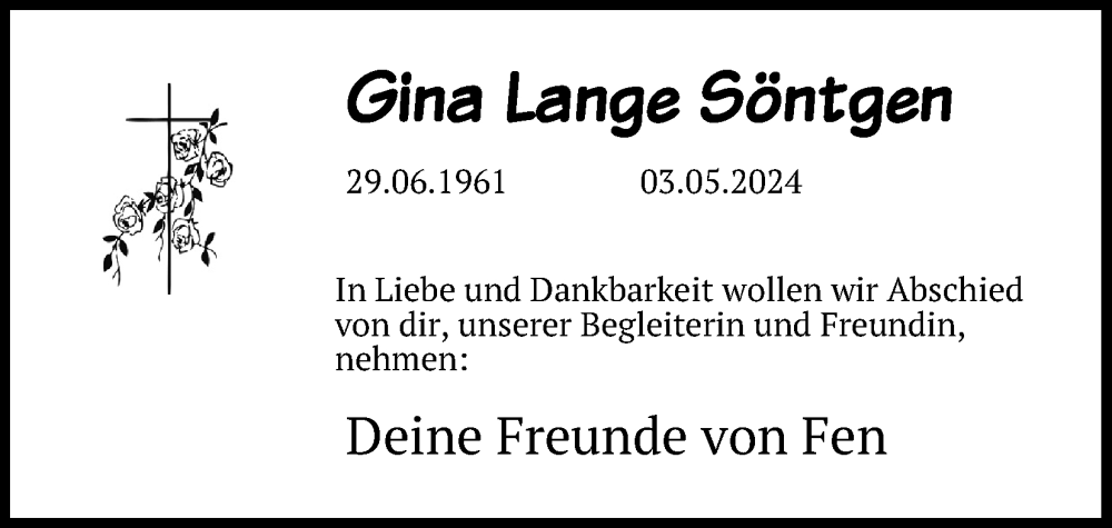  Traueranzeige für Gina Lange Söntgen vom 08.05.2024 aus Kölner Stadt-Anzeiger / Kölnische Rundschau / Express