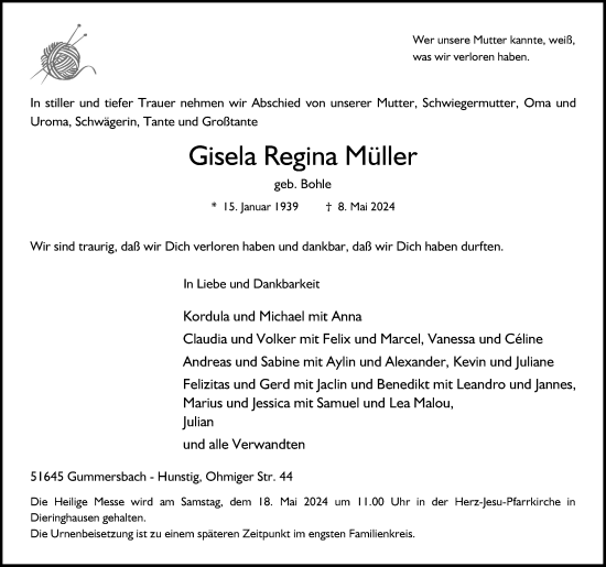 Anzeige von Gisela Regina Müller von Kölner Stadt-Anzeiger / Kölnische Rundschau / Express
