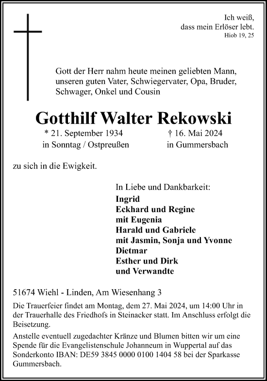 Anzeige von Gotthilf Walter Rekowski von Kölner Stadt-Anzeiger / Kölnische Rundschau / Express