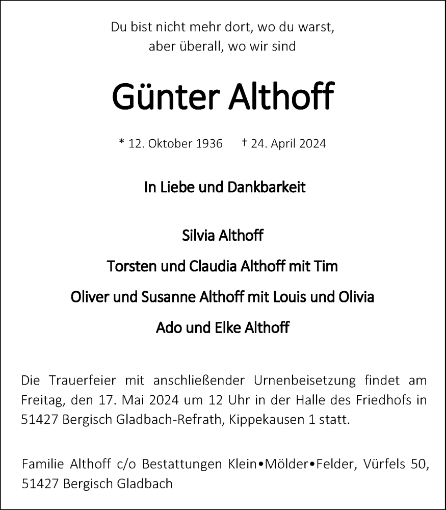  Traueranzeige für Günter Althoff vom 04.05.2024 aus Kölner Stadt-Anzeiger / Kölnische Rundschau / Express