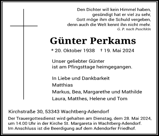 Anzeige von Günter Perkams von Kölner Stadt-Anzeiger / Kölnische Rundschau / Express