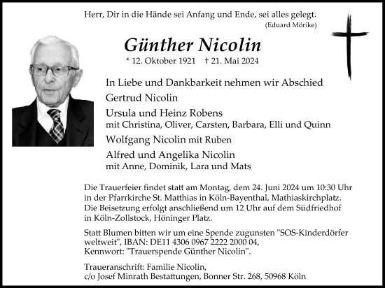 Anzeige von Günther Nicolin von Kölner Stadt-Anzeiger / Kölnische Rundschau / Express