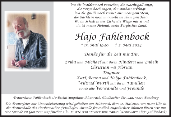 Anzeige von Hajo Fahlenbock von Kölner Stadt-Anzeiger / Kölnische Rundschau / Express