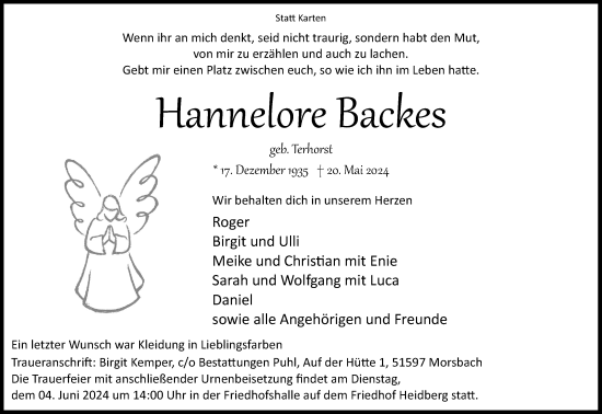 Anzeige von Hannelore Backes von Kölner Stadt-Anzeiger / Kölnische Rundschau / Express
