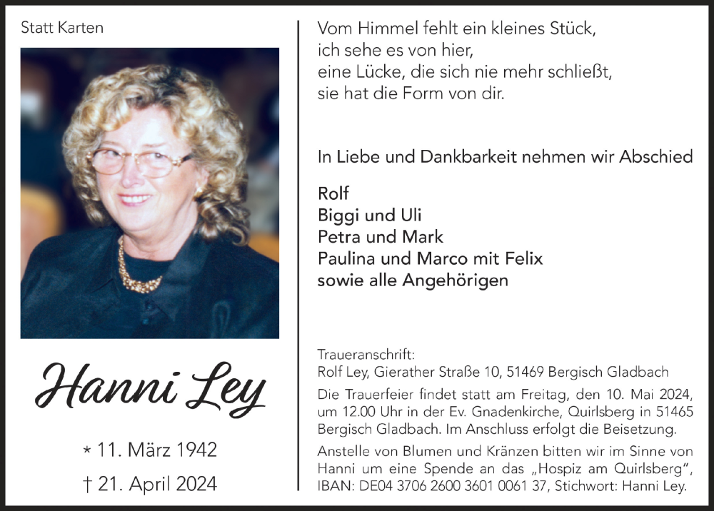  Traueranzeige für Hanni Ley vom 03.05.2024 aus  Bergisches Handelsblatt 