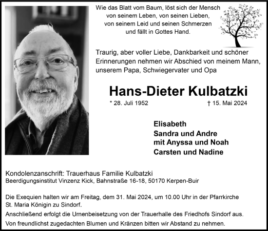Anzeige von Hans-Dieter Kulbatzki von  Werbepost 