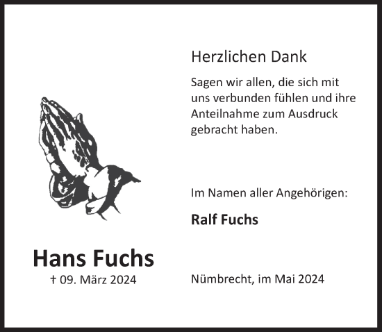 Anzeige von Hans Fuchs von  Lokalanzeiger 