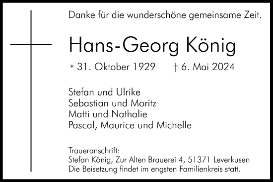 Anzeige von Hans-Georg König von Kölner Stadt-Anzeiger / Kölnische Rundschau / Express