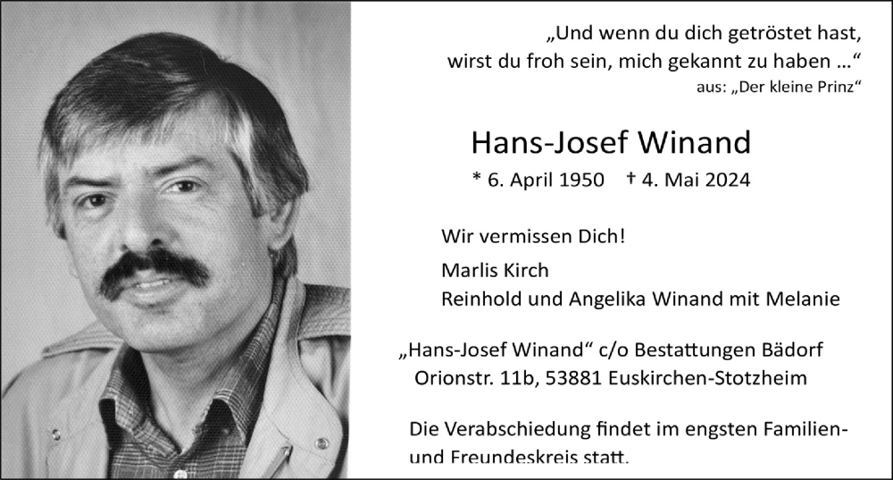  Traueranzeige für Hans-Josef Winand vom 18.05.2024 aus  Blickpunkt Euskirchen 
