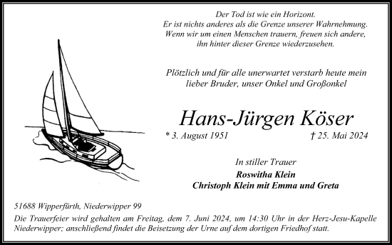Anzeige von Hans-Jürgen Köser von Kölner Stadt-Anzeiger / Kölnische Rundschau / Express