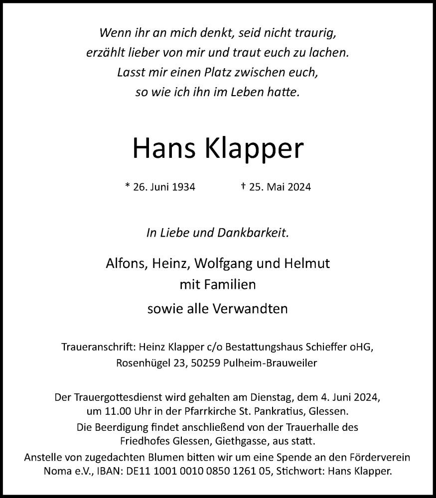  Traueranzeige für Hans Klapper vom 01.06.2024 aus Kölner Stadt-Anzeiger / Kölnische Rundschau / Express