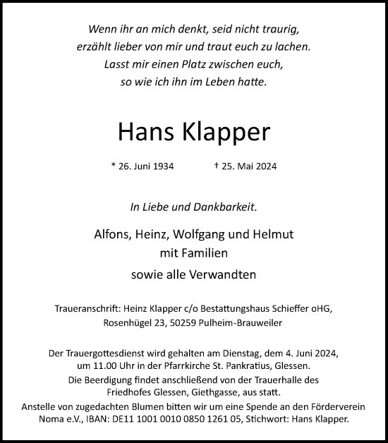 Anzeige von Hans Klapper von Kölner Stadt-Anzeiger / Kölnische Rundschau / Express