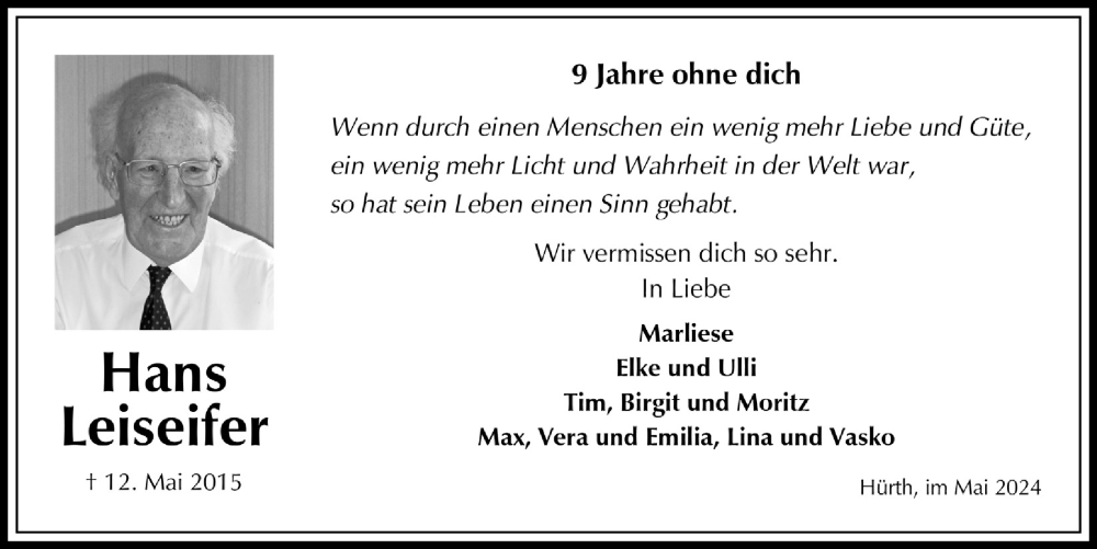  Traueranzeige für Hans Leiseifer vom 18.07.2023 aus  Wochenende 